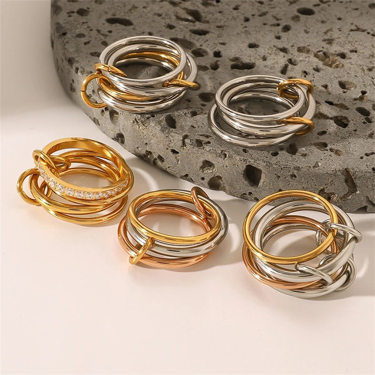 Stacking gold and silver rings